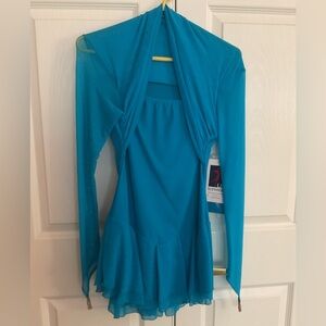 US Icewear Figure Skating Dress Adult S Aqua Blue NWT Mesh Long Sleeves